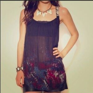 Free People Sheer Front Tank Top with Embroidered straps boho style